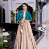 Beige pure cotton Navratri chaniya choli skirt with teal cropped jacket and purse