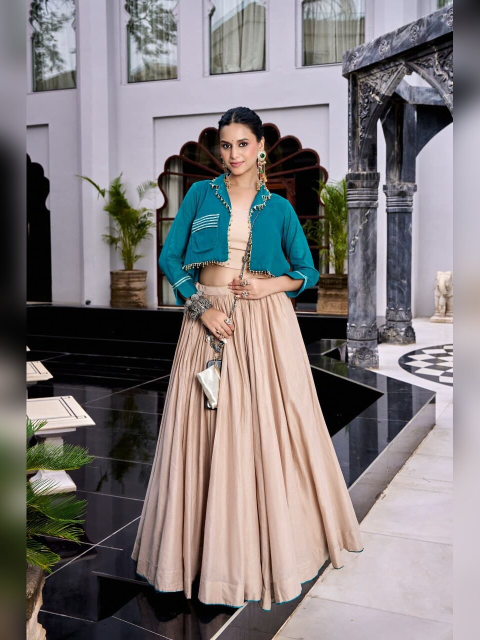 Beige pure cotton Navratri chaniya choli skirt with teal cropped jacket and purse