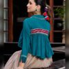 Back view of the teal jacket showing the mirror work band