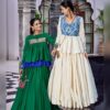 Two models wearing the Chhabili Navratri chaniya choli in green gota and off white Kashida
