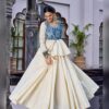 Off white pure cotton Navratri chaniya choli with blue Kashida work peplum top and matching purse