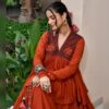 Close up of navy Kashida elephant motifs on the rust Chhabili peplum top