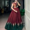 Maroon Navratri chaniya choli in chinon with green gotta patch border - front view
