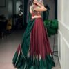 Back view of the maroon chinon lehenga showing the green gotta patch petal border