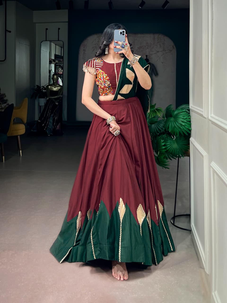 Maroon chinon lehenga choli showing the flair