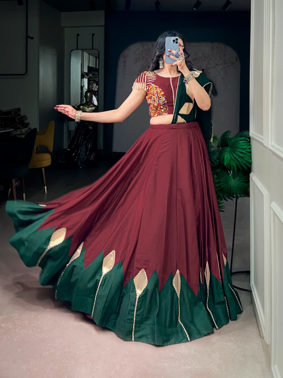 Maroon Navratri chaniya choli with Gamthi work blouse
