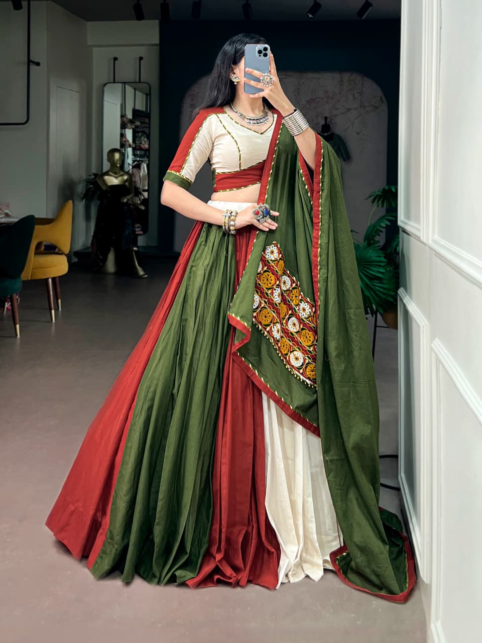 Mehendi green Navratri chaniya choli in pure cotton with Gamthi work dupatta - front view