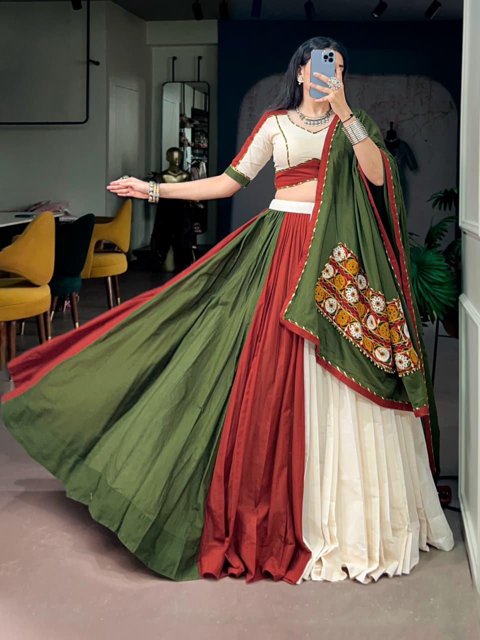 Mehendi green chaniya choli showing the full 8 metre flair while twirling