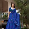 Full length view of the blue leheriya lehenga with the dupatta draped and trailing