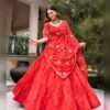Red georgette Navratri chaniya choli with gold sequin and thread embroidery on the dupatta