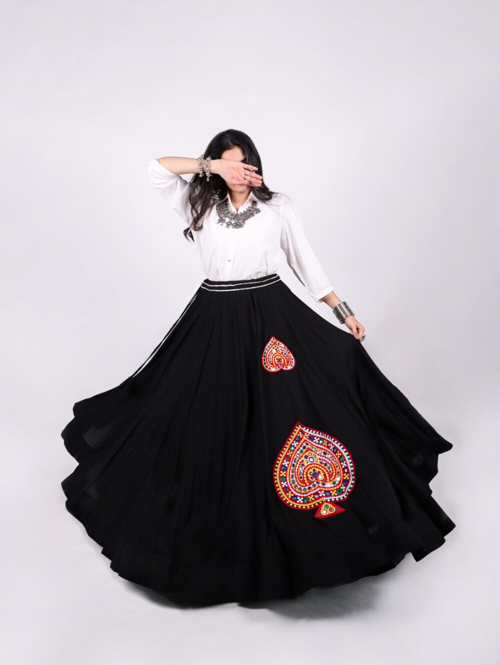 Black Navratri chaniya choli skirt with multicolour Kutchi appliqué