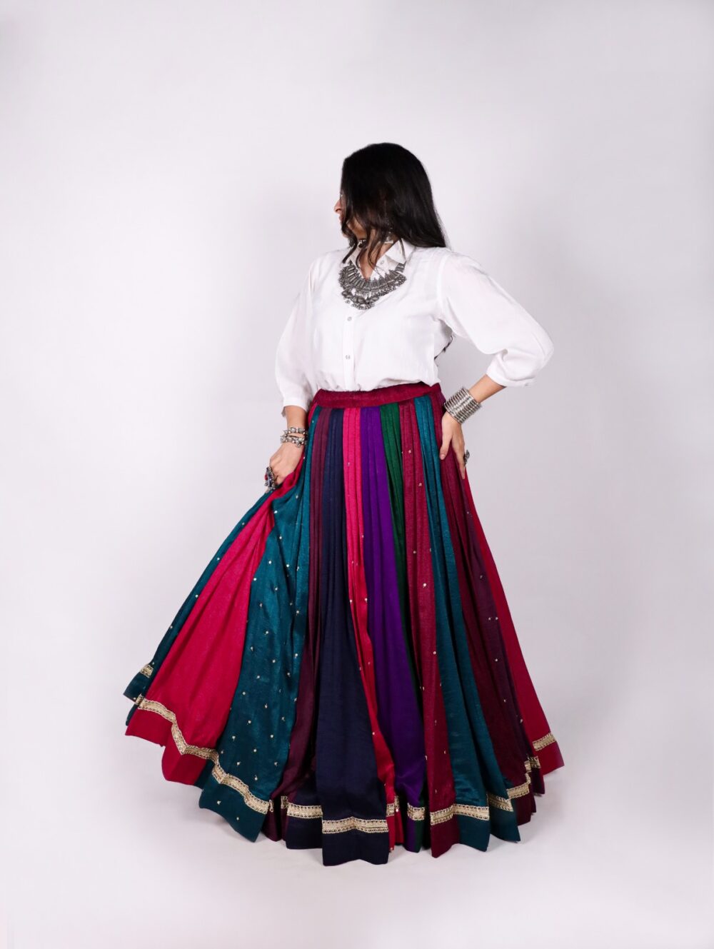 Jewel tone multicolour Navratri chaniya choli skirt with gold border