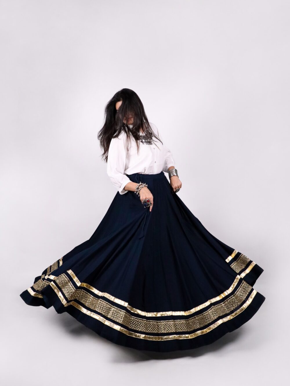 Navy Navratri chaniya choli skirt with heavy gold gota border