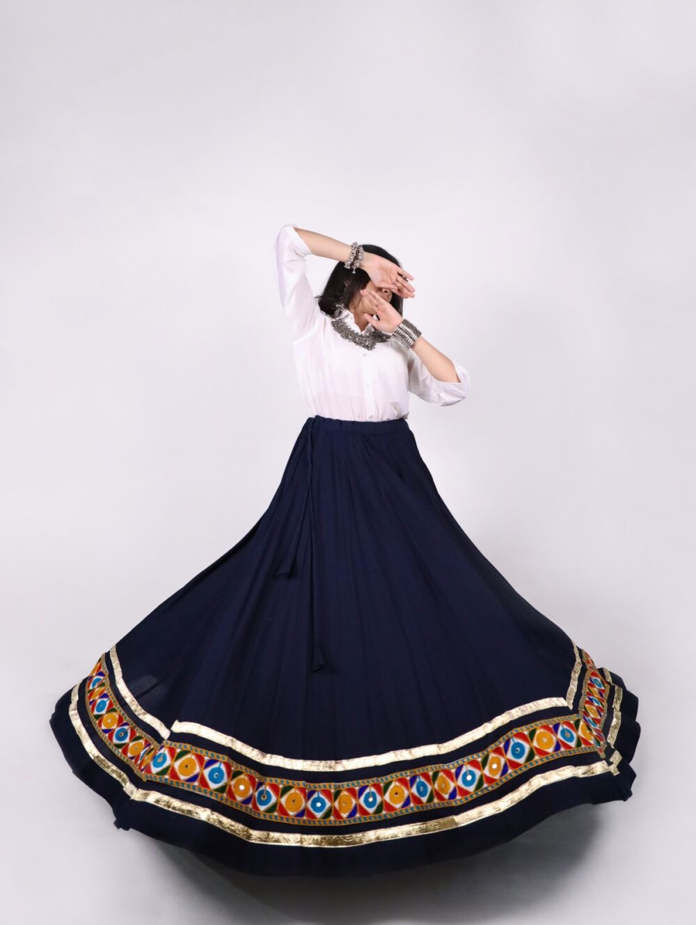 Navy Navratri chaniya choli skirt with multicolour Kutchi mirror border