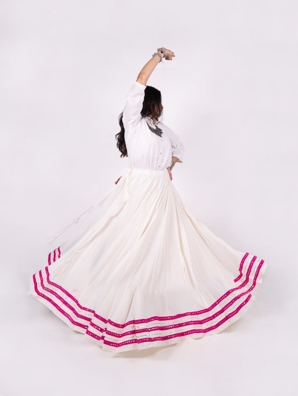 Off white Navratri chaniya choli skirt with pink mirror work border