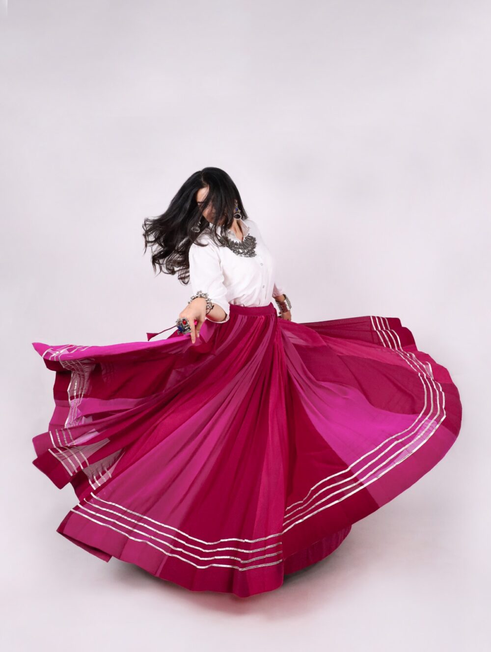 Rani pink georgette Navratri chaniya choli skirt with silver gota